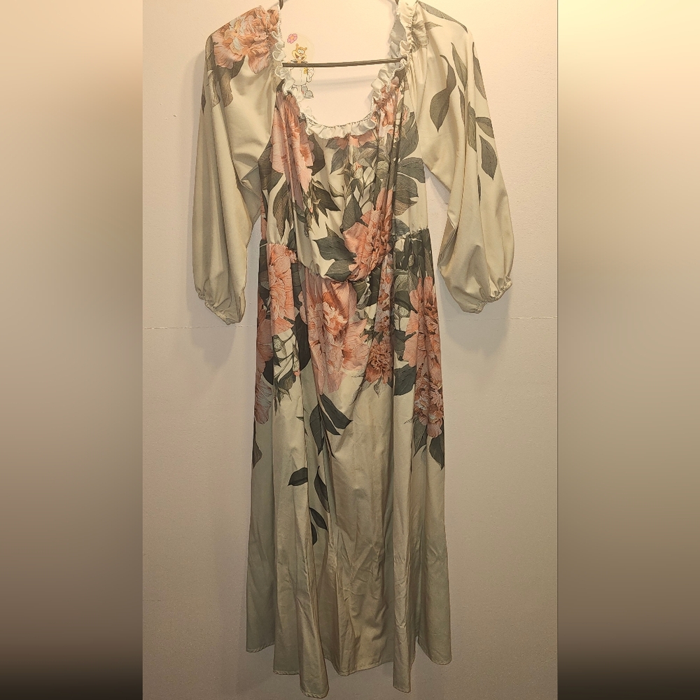 SHEIN Cream Floral Maxi Dress with Pink Blooms
